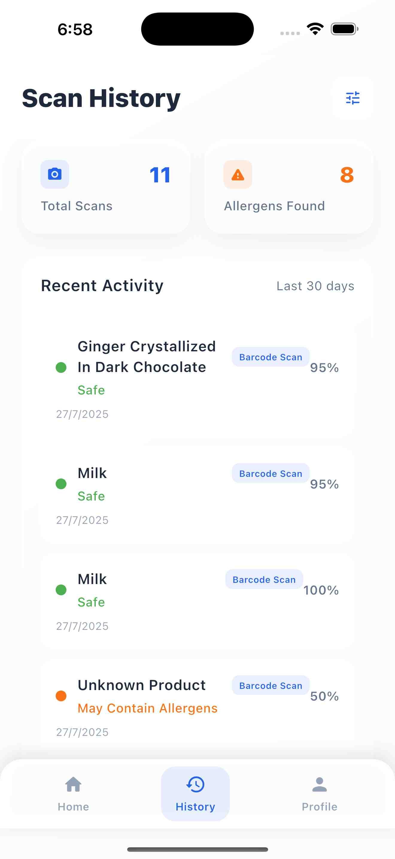AllerSnap History Screen