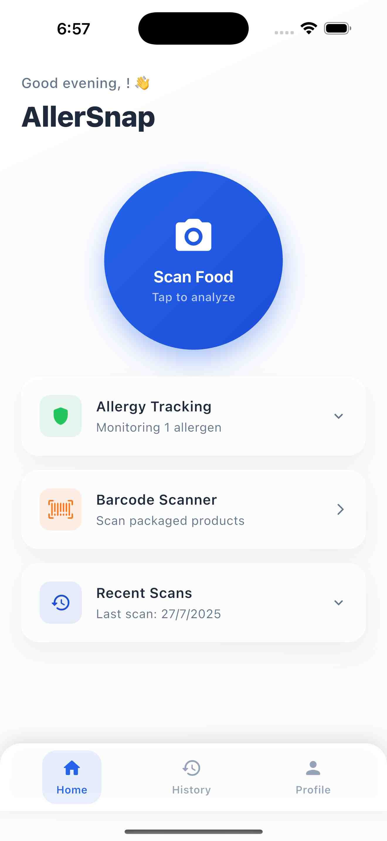 AllerSnap Home Screen
