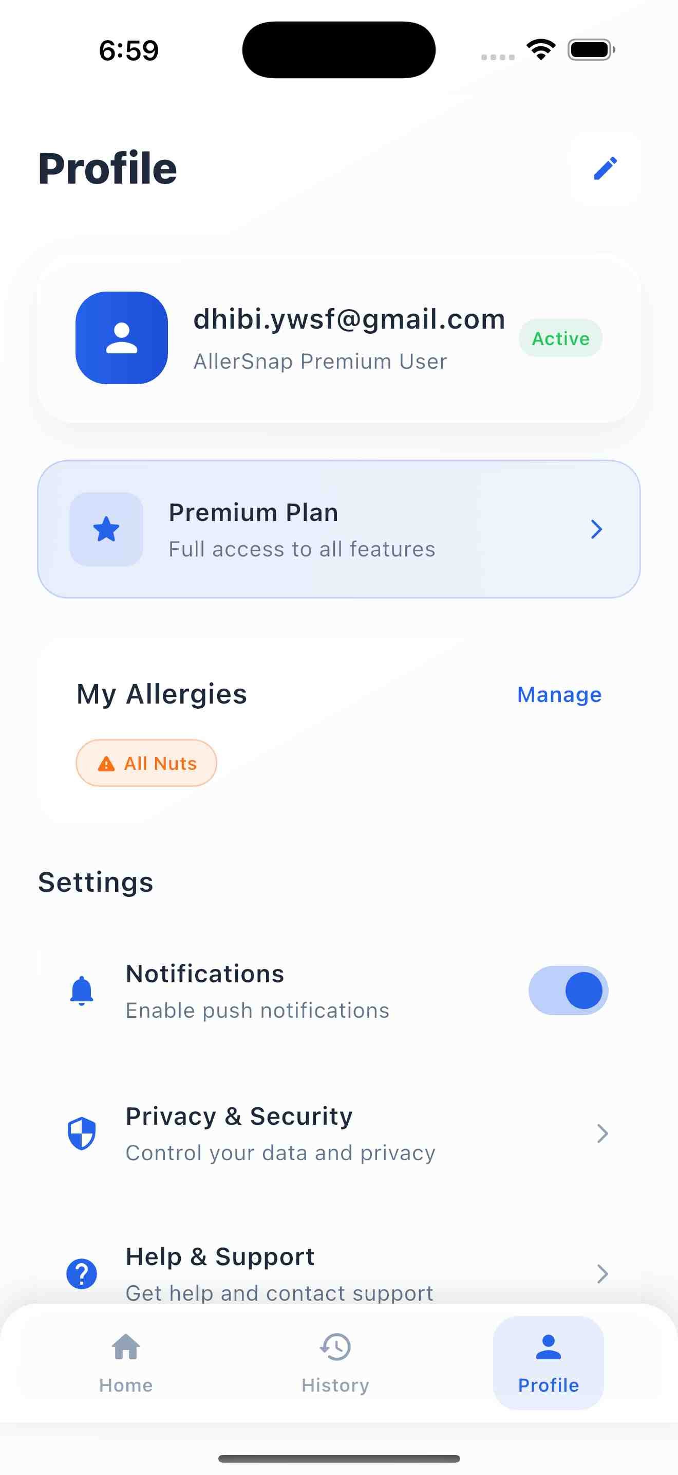 AllerSnap Profile Screen